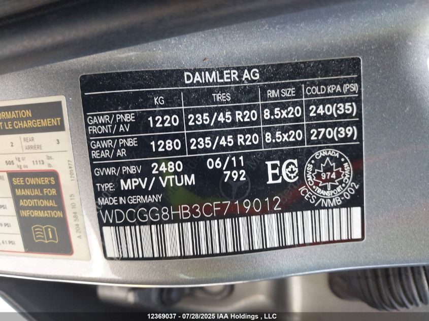 2012 Mercedes-Benz Glk 350 4Matic VIN: WDCGG8HB3CF719012 Lot: 12369037