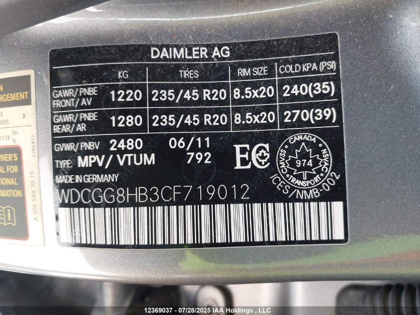 2012 Mercedes-Benz Glk 350 4Matic VIN: WDCGG8HB3CF719012 Lot: 12369037