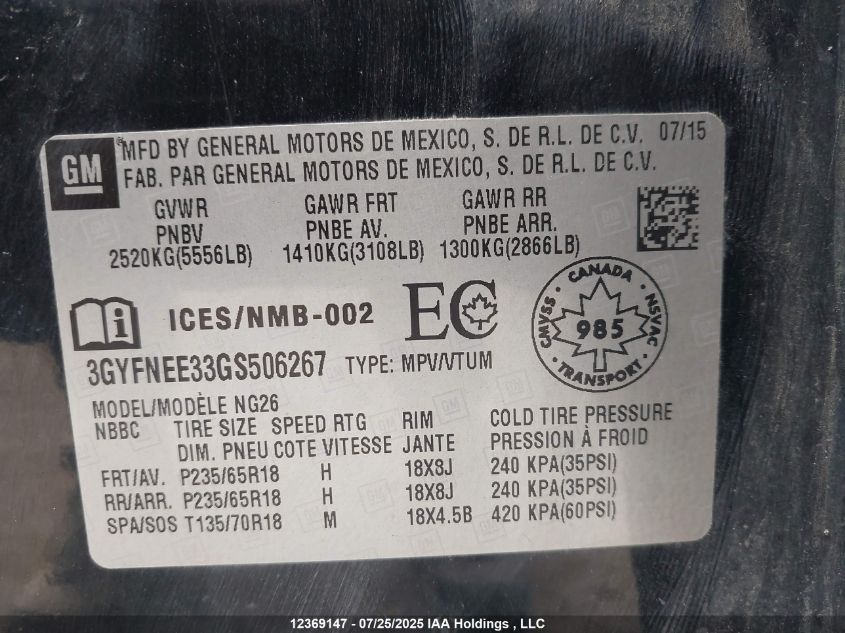 2016 Cadillac Srx Luxury Collection VIN: 3GYFNEE33GS506267 Lot: 12369147