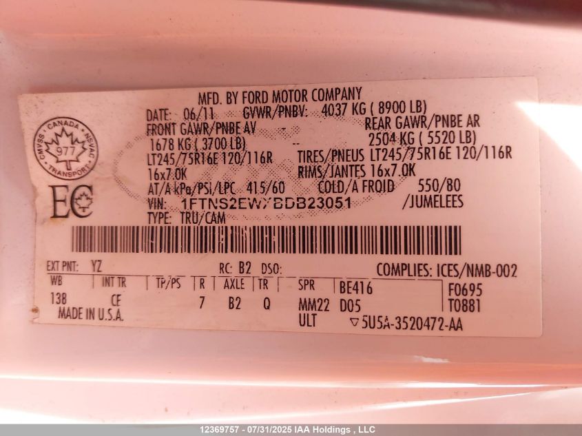 2011 Ford E-250 Commercial VIN: 1FTNS2EWXBDB23051 Lot: 12369757
