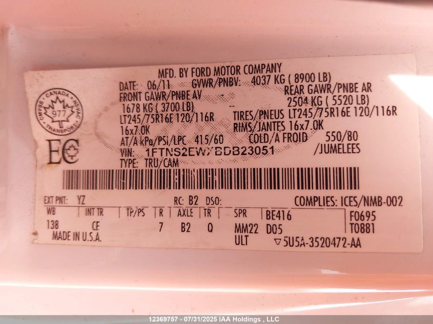 2011 Ford E-250 Commercial VIN: 1FTNS2EWXBDB23051 Lot: 12369757