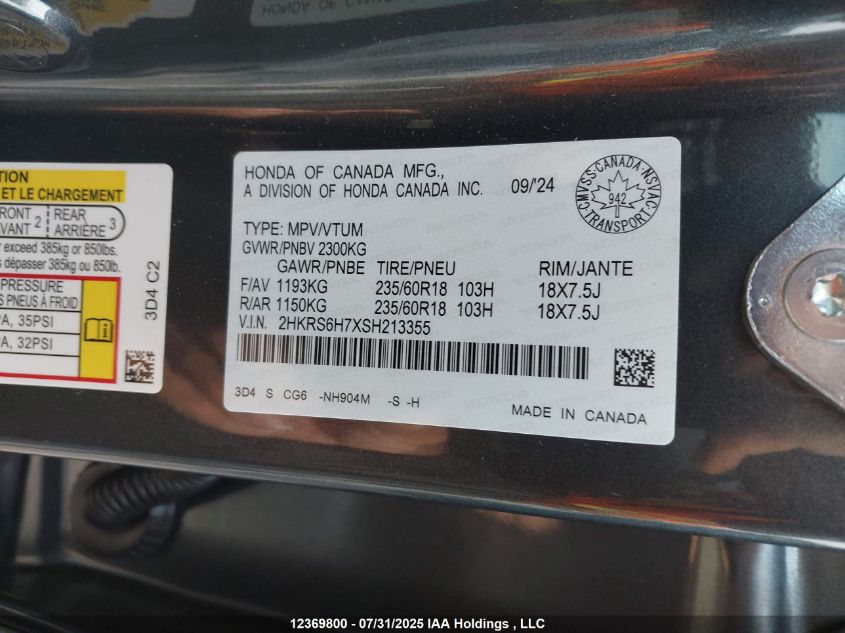 2025 Honda Cr-V Exl VIN: 2HKRS6H7XSH213355 Lot: 12369800