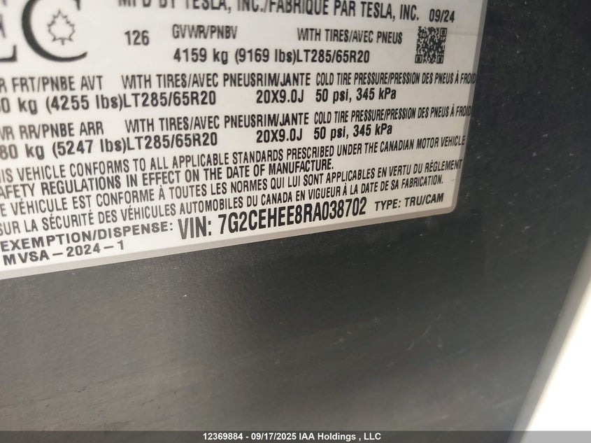 2024 Tesla Cybertruck Cyberbeast VIN: 7G2CEHEE8RA038702 Lot: 12369884