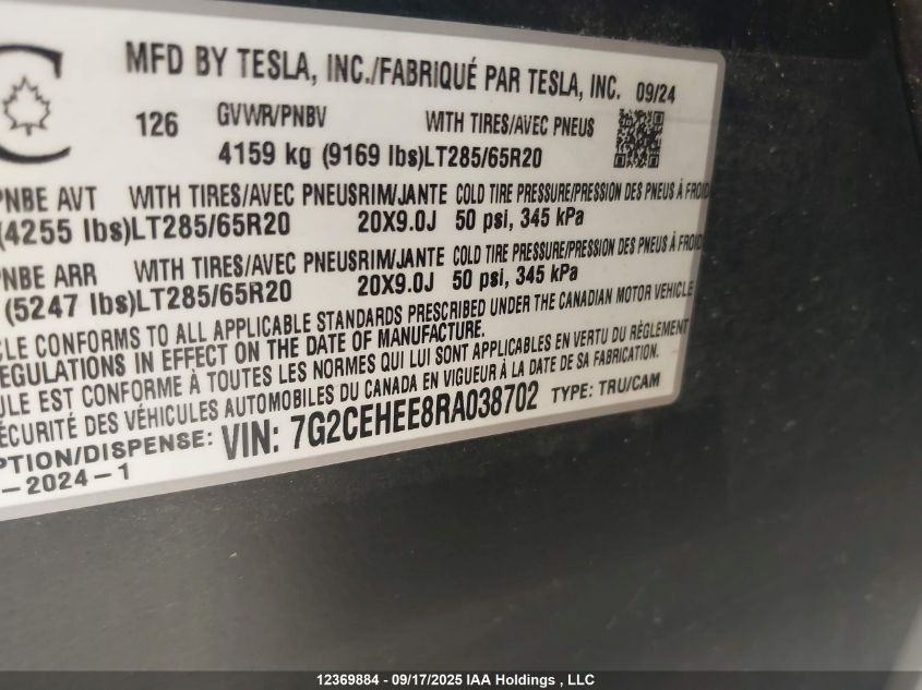 2024 Tesla Cybertruck Cyberbeast VIN: 7G2CEHEE8RA038702 Lot: 12369884