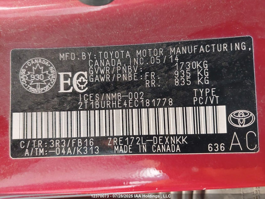 2014 Toyota Corolla L/Le/Le Pls/Prm/S/S Pls VIN: 2T1BURHE4EC181778 Lot: 12370073