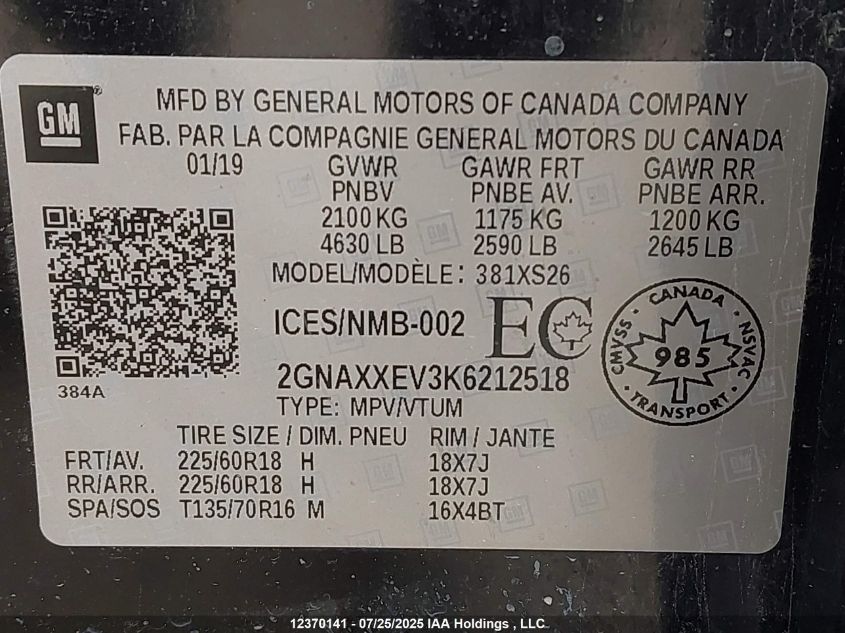 2019 Chevrolet Equinox VIN: 2GNAXXEV3K6212518 Lot: 12370141