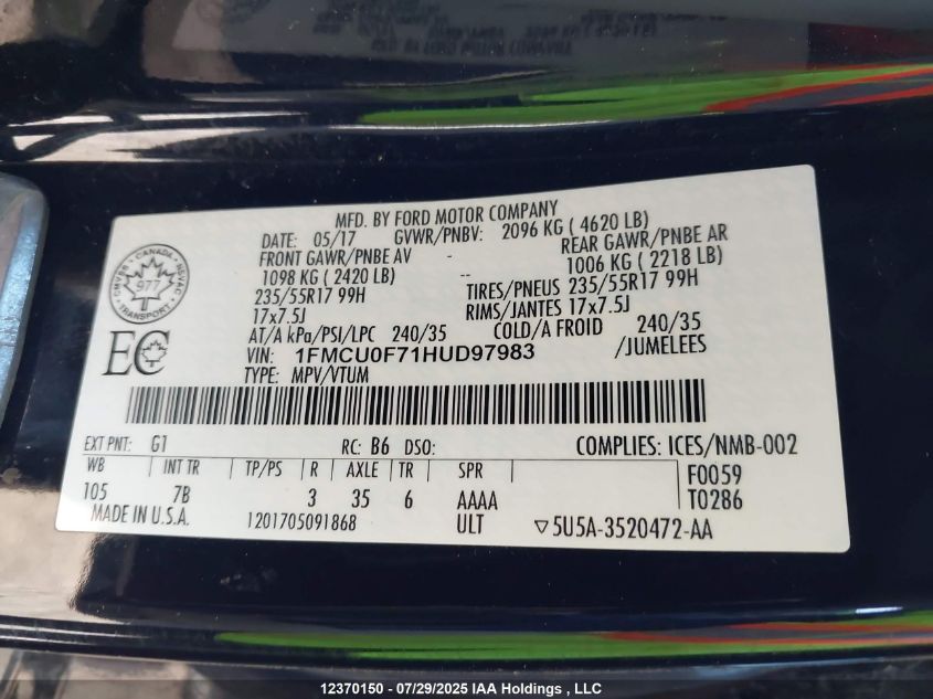 2017 Ford Escape S VIN: 1FMCU0F71HUD97983 Lot: 12370150