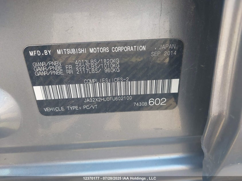 JA32X2HU0FU602100 2015 MITSUBISHI LANCER photo no. 9