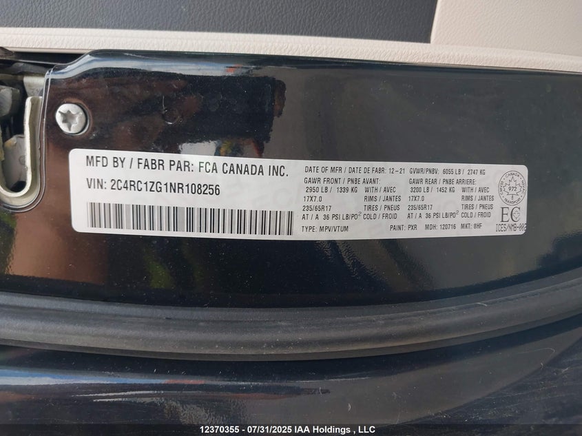 2022 Chrysler Grand Caravan Sxt VIN: 2C4RC1ZG1NR108256 Lot: 12370355