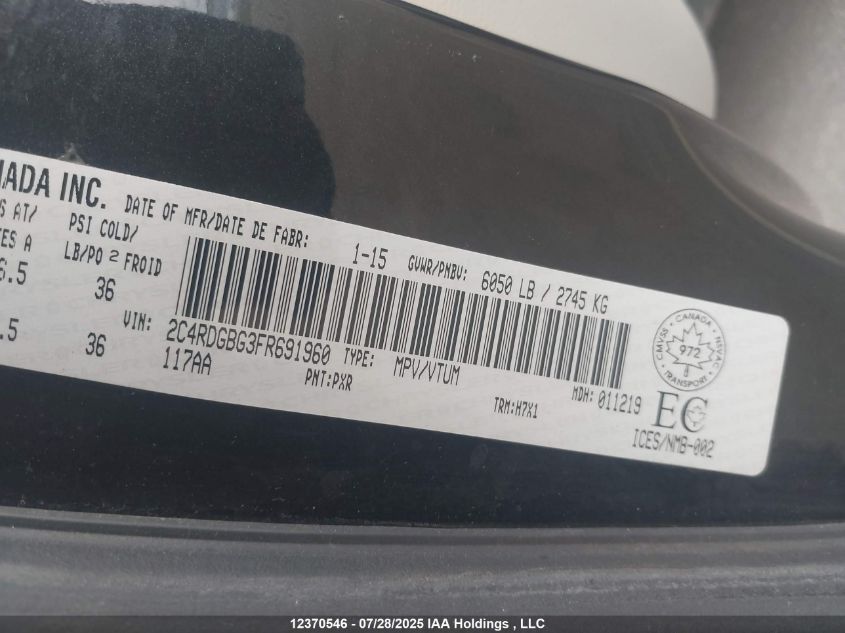 2015 Dodge Grand Caravan Se/Sxt VIN: 2C4RDGBG3FR691960 Lot: 12370546