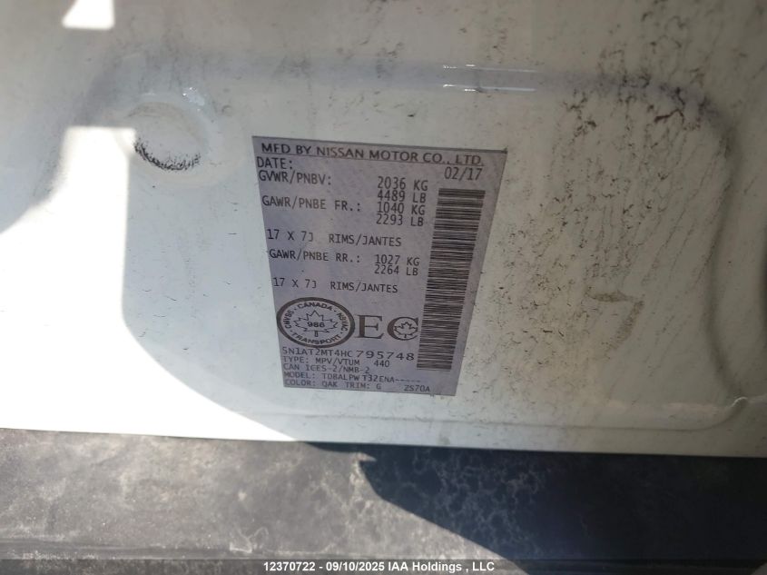 2017 Nissan Rogue VIN: 5N1AT2MT4HC795748 Lot: 12370722