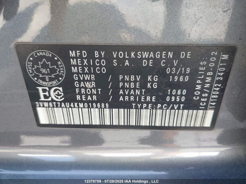 2019 Volkswagen Golf Gti 5-Door/5-Door Autobahn/5-Door Rabbit VIN: 3VW6T7AU4KM019689 Lot: 12370759