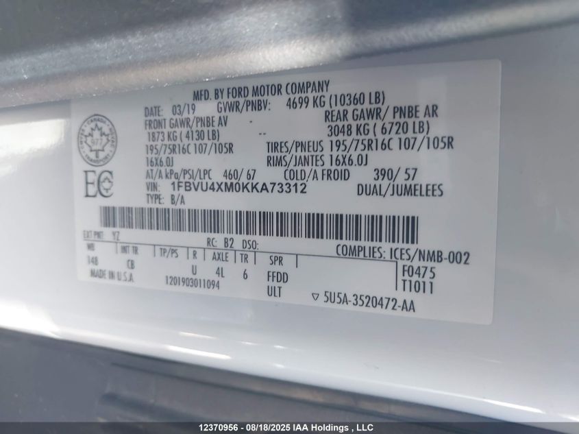 2019 Ford Transit-350 Xl VIN: 1FBVU4XM0KKA73312 Lot: 12370956