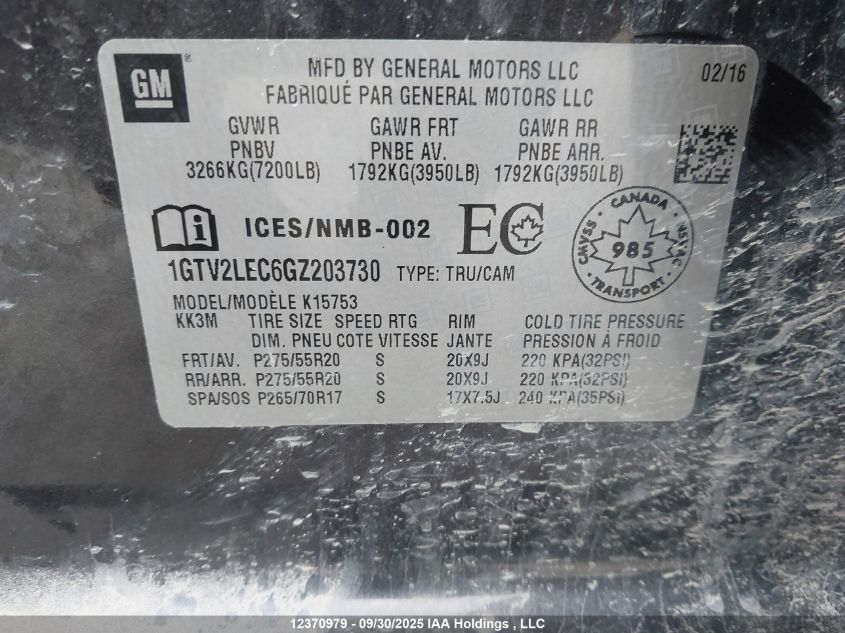 2016 GMC Sierra 1500 VIN: 1GTV2LEC6GZ203730 Lot: 12370979