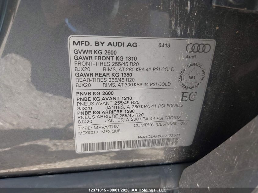 2018 Audi Sq5 VIN: WA1C4AFY6J2172571 Lot: 12371015