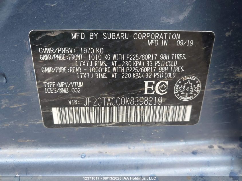 2019 Subaru Crosstrek Touring VIN: JF2GTACC0K8398219 Lot: 12371017