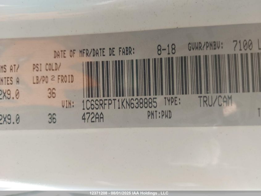 2019 Ram 1500 Limited VIN: 1C6SRFPT1KN638885 Lot: 12371208