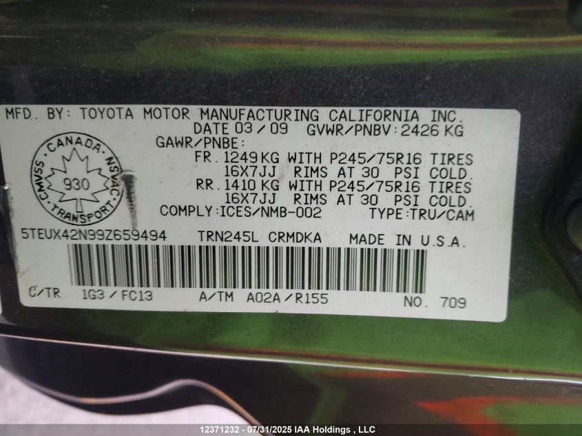 2009 Toyota Tacoma Access Cab VIN: 5TEUX42N99Z659494 Lot: 12371232