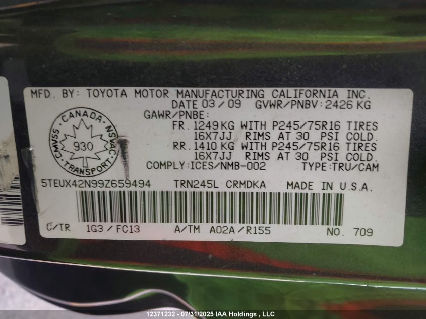 2009 Toyota Tacoma Access Cab VIN: 5TEUX42N99Z659494 Lot: 12371232