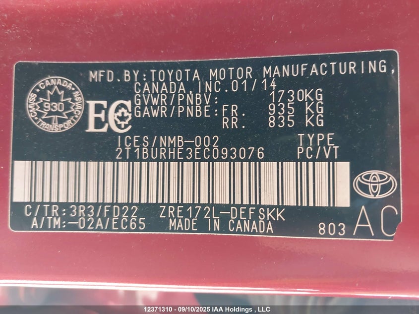 2014 Toyota Corolla VIN: 2T1BURHE3EC093076 Lot: 12371310