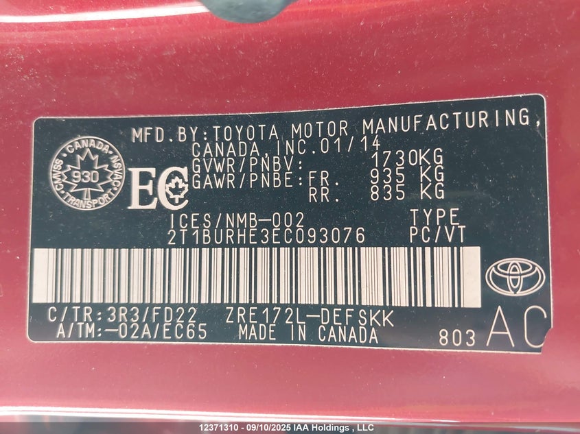 2014 Toyota Corolla VIN: 2T1BURHE3EC093076 Lot: 12371310