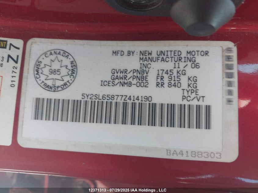 2007 Pontiac Vibe VIN: 5Y2SL65877Z414190 Lot: 12371313