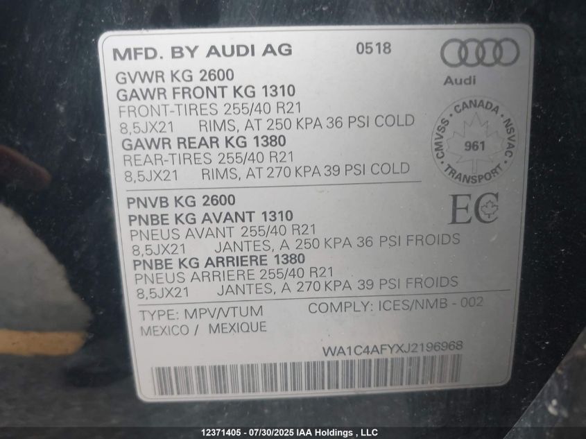 2018 Audi Sq5 3.0T Progressiv VIN: WA1C4AFYXJ2196968 Lot: 12371405