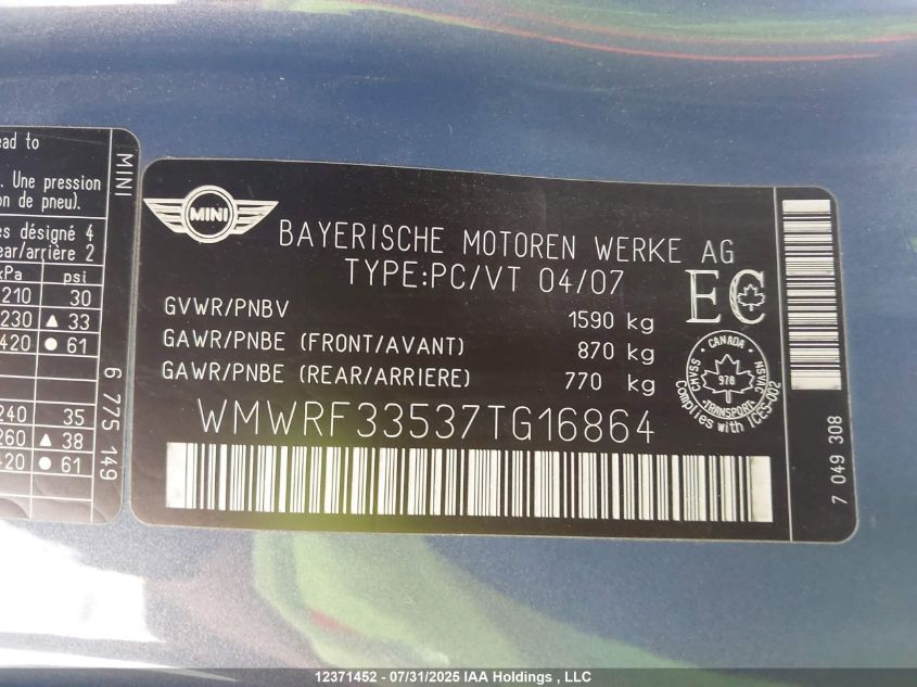2007 Mini Cooper VIN: WMWRF33537TG16864 Lot: 12371452