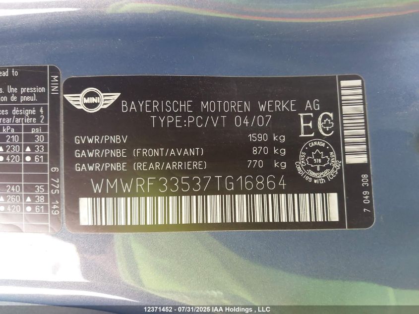 2007 Mini Cooper VIN: WMWRF33537TG16864 Lot: 12371452