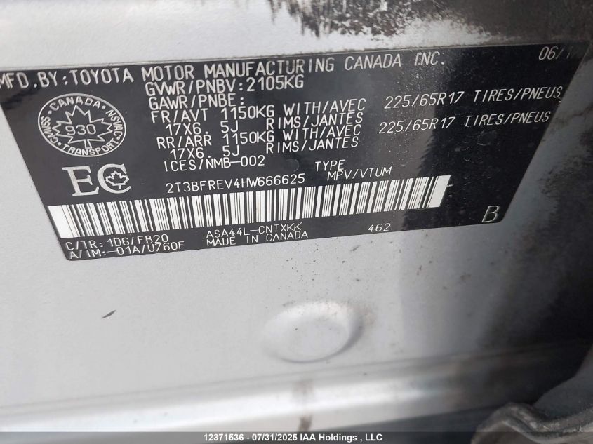 2017 Toyota Rav4 Le VIN: 2T3BFREV4HW666625 Lot: 12371536
