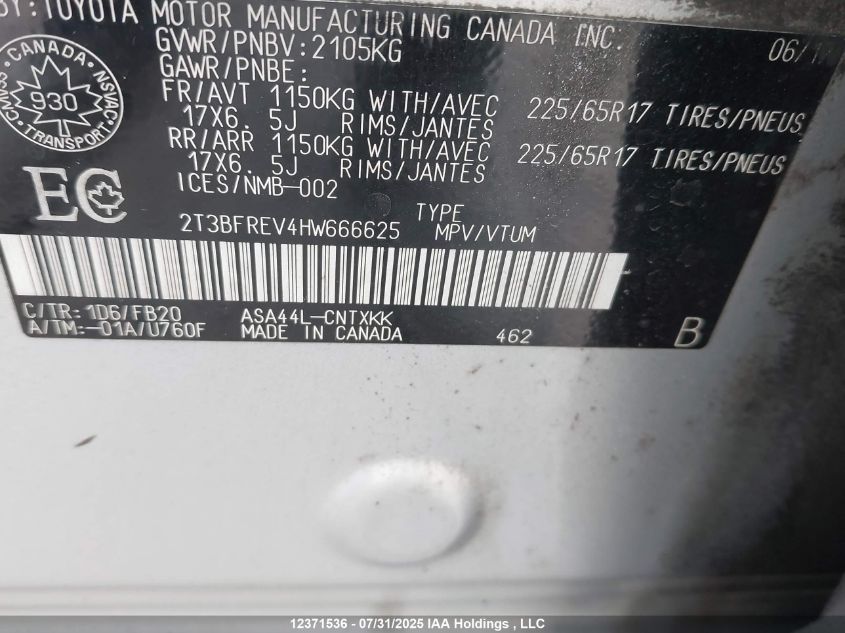 2017 Toyota Rav4 Le VIN: 2T3BFREV4HW666625 Lot: 12371536