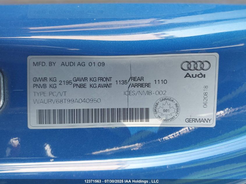 2009 Audi S5 4.2L VIN: WAURV68T99A040950 Lot: 12371563