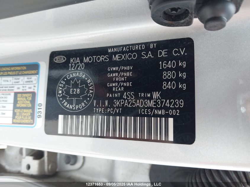 2021 Kia Rio S VIN: 3KPA25AD3ME374239 Lot: 12371653