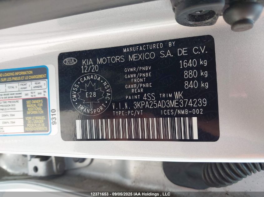 2021 Kia Rio S VIN: 3KPA25AD3ME374239 Lot: 12371653