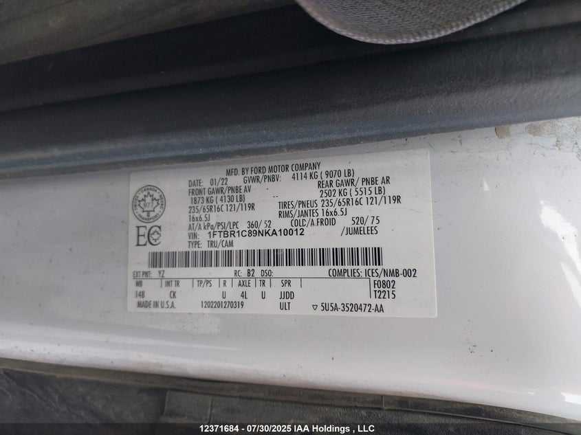 2022 FORD TRANSIT-250 CARGO VAN 3.5L V-6 DI, DOHC, VVT, 275HP