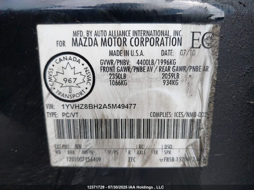 2010 Mazda Mazda6 Gs-I4 VIN: 1YVHZ8BH2A5M49477 Lot: 12371729