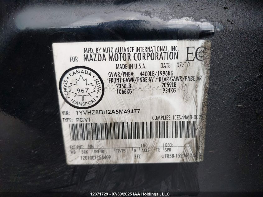 2010 Mazda Mazda6 Gs-I4 VIN: 1YVHZ8BH2A5M49477 Lot: 12371729