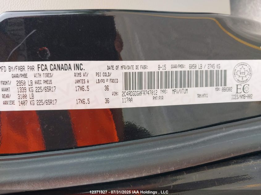 2015 Dodge Grand Caravan Crew VIN: 2C4RDGDG0FR747012 Lot: 12371927