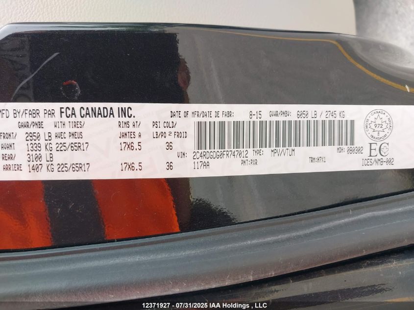 2015 Dodge Grand Caravan Crew VIN: 2C4RDGDG0FR747012 Lot: 12371927