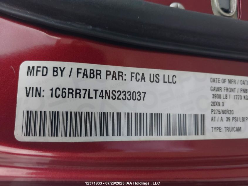 2022 Ram 1500 Classic Slt VIN: 1C6RR7LT4NS233037 Lot: 12371933