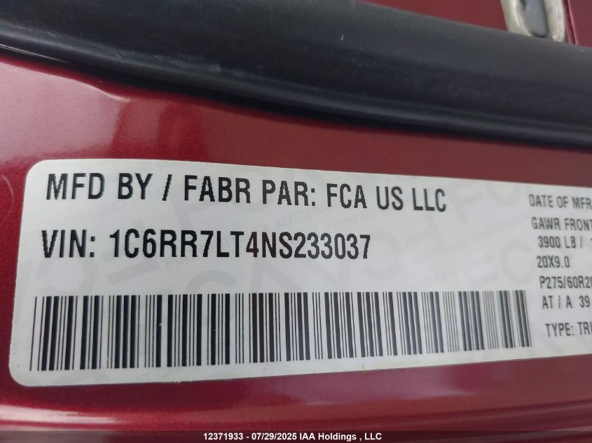 2022 Ram 1500 Classic Slt VIN: 1C6RR7LT4NS233037 Lot: 12371933