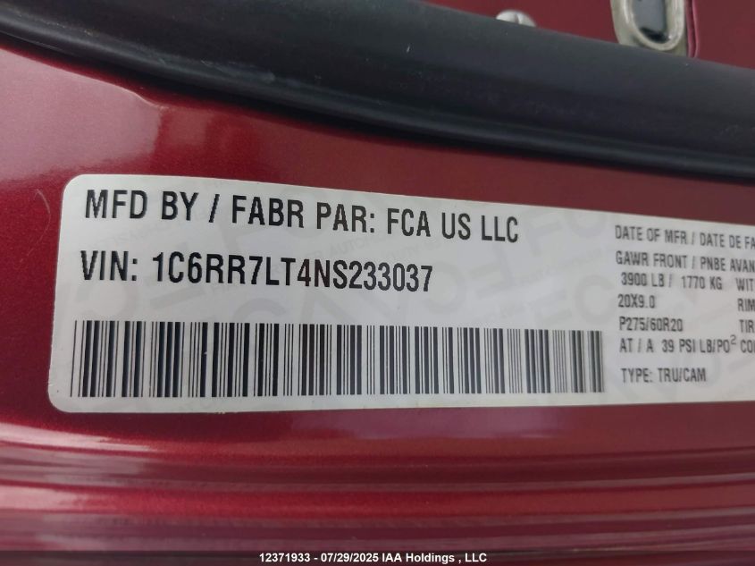 2022 Ram 1500 Classic Slt VIN: 1C6RR7LT4NS233037 Lot: 12371933