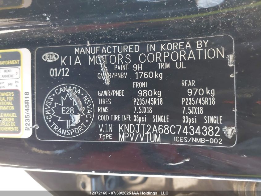 2012 Kia Soul 2.0L 2U/2.0L 4U/2.0L 4U Burner/2.0L 4U Luxury/2.0L 4U Retro VIN: KNDJT2A68C7434382 Lot: 12372165