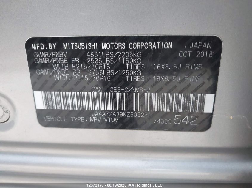 2019 Mitsubishi Outlander Es VIN: JA4AZ2A39KZ605271 Lot: 12372178