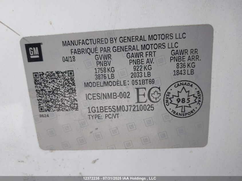 2018 Chevrolet Cruze Lt VIN: 1G1BE5SM0J7210025 Lot: 12372235