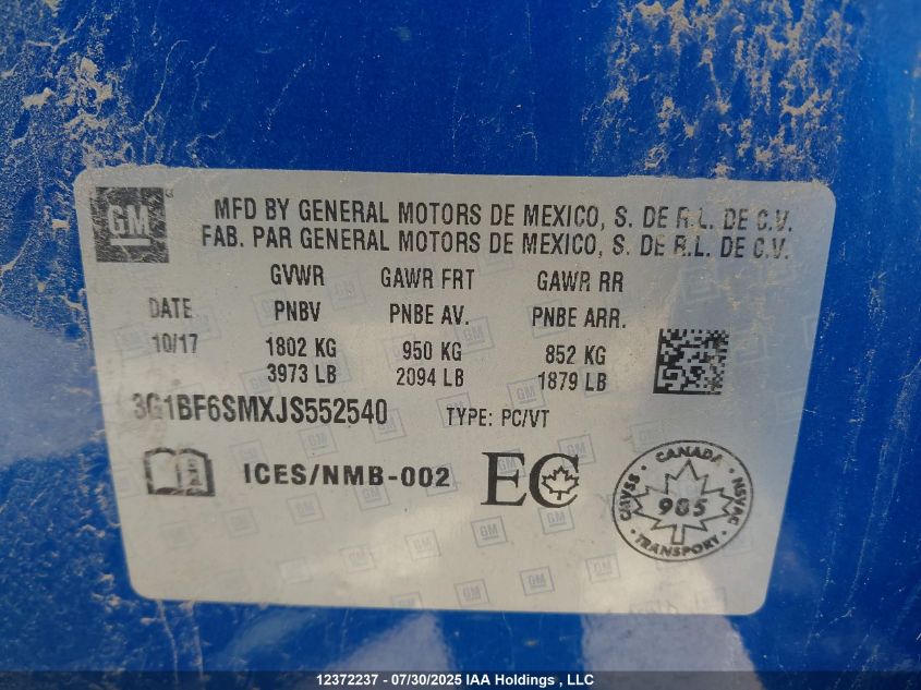 2018 Chevrolet Cruze Premier VIN: 3G1BF6SMXJS552540 Lot: 12372237