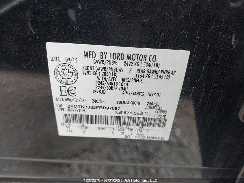 2015 Ford Edge Sel VIN: 2FMTK3J82FBB97687 Lot: 12372278