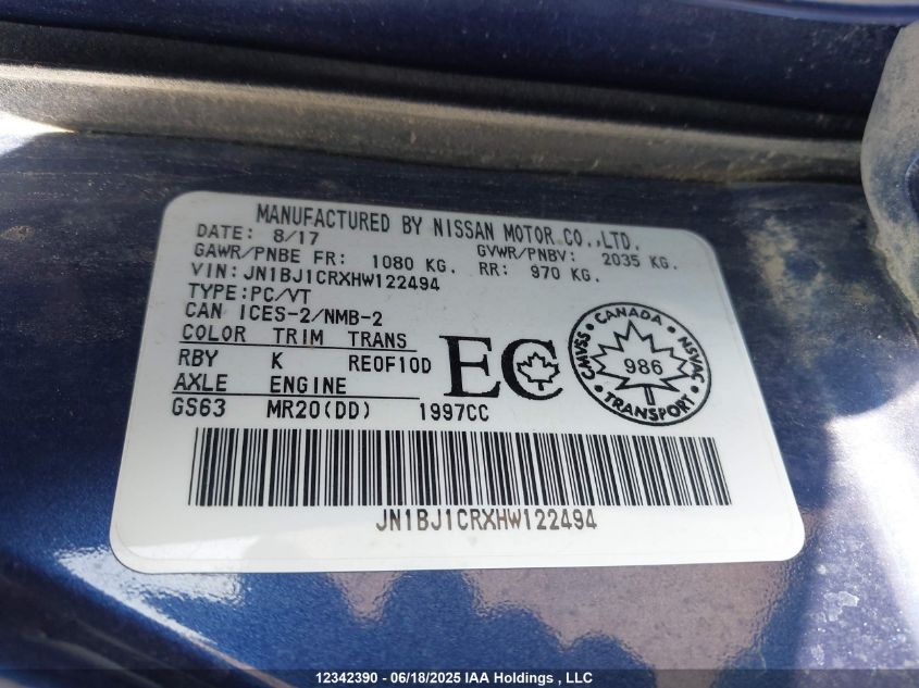 2017 Nissan Qashqai S/Sl/Sv VIN: JN1BJ1CRXHW122494 Lot: 12342390X