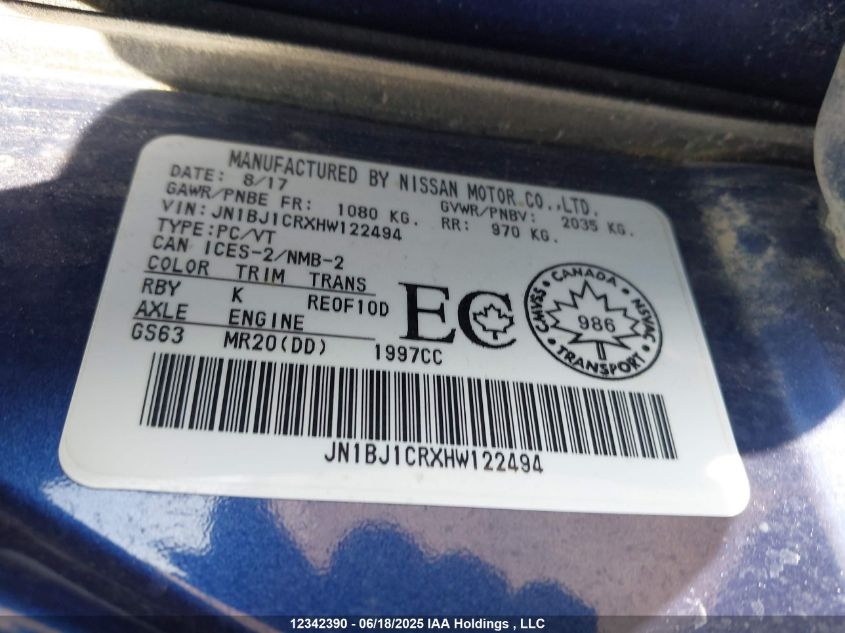 2017 Nissan Qashqai S/Sl/Sv VIN: JN1BJ1CRXHW122494 Lot: 12342390X