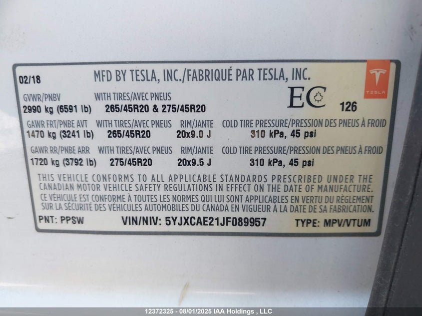 5YJXCAE21JF089957 2018 TESLA MODEL X photo no. 9